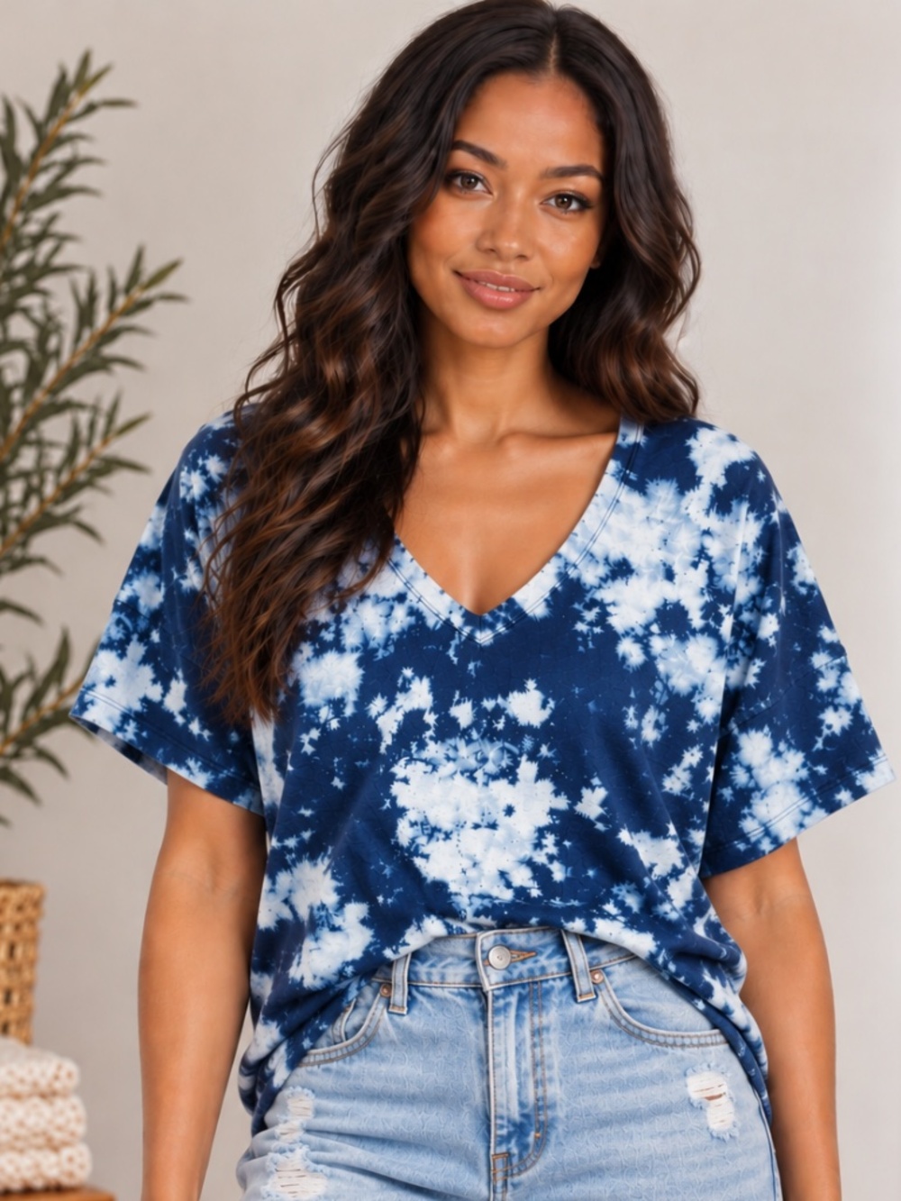Michael Stars short-sleeve V-neck t-shirt- Blue & White cloud Tie dye pattern